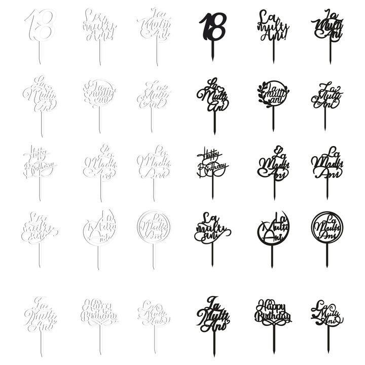 Set Accesorii tort, Black & White Pack, Inedit Print, 10 cm, 30 bucati