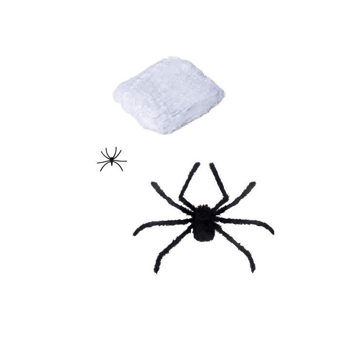 Kohmui Halloween pókháló és 6 pók készlet, fehér/fekete, pamut/műanyag, 7 x 5,5 m / 75 cm / 4,5 cm