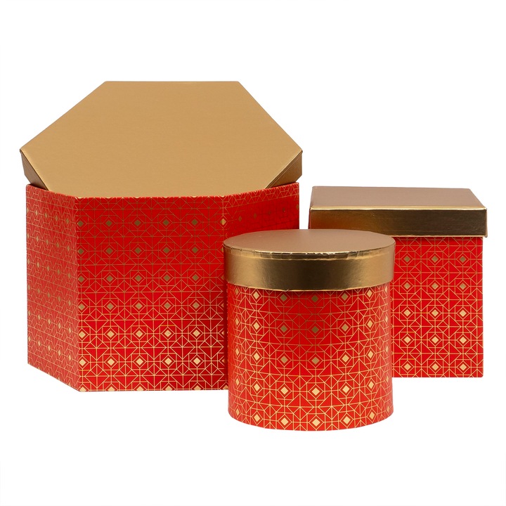 Set 3 cutii cu forme diferite si capac auriu, rosu, B.S.P. / CD4923_R