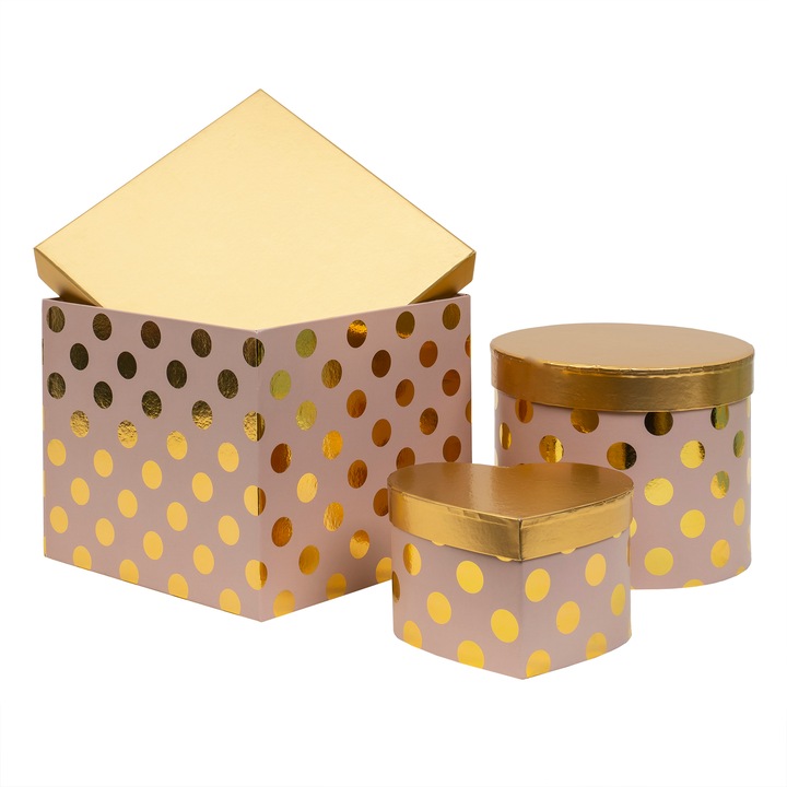 Set 3 cutii cu forme diferite, roz cu buline / CD4957-roz