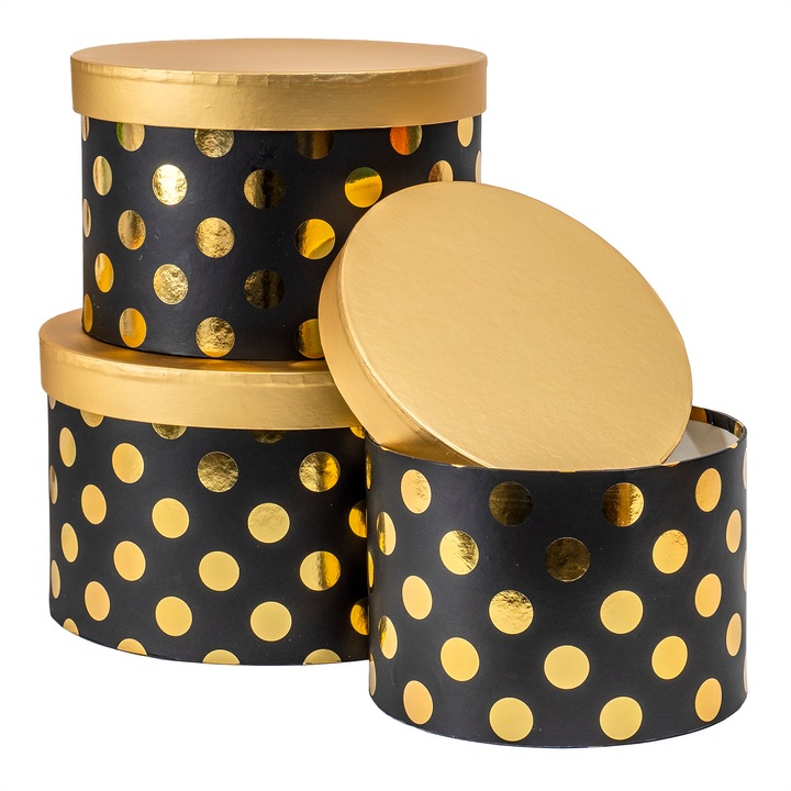 Комплект от 3 кръгли кутии, черни на златни точки / CD4955_N