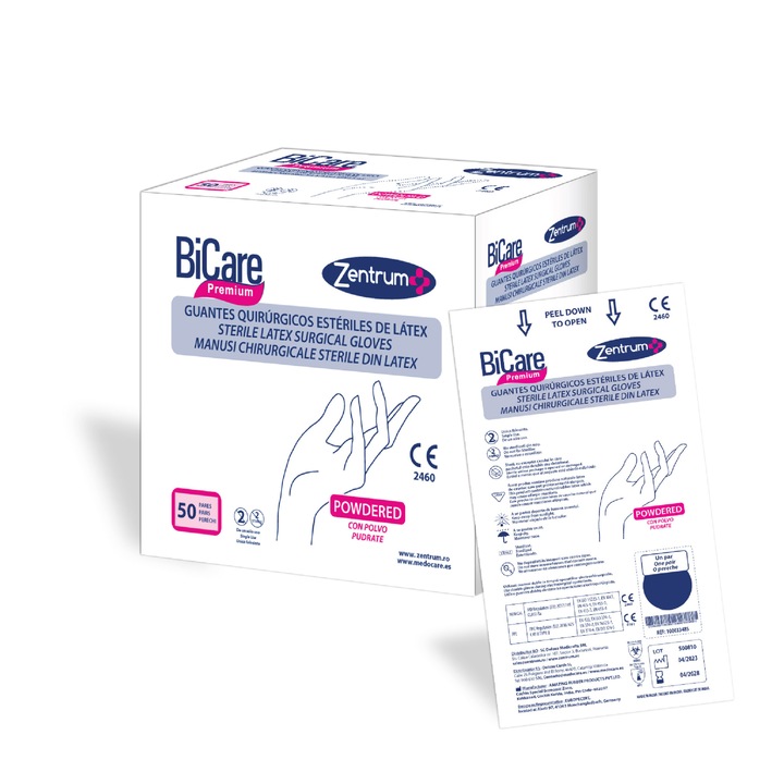 Стерилни латексови хирургически ръкавици, напудрени, BiCare Premium, 50 чифта, №6