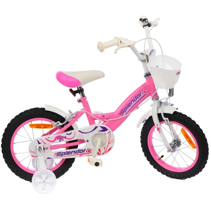 NOVOKIDS™ Splend'Or Boom Gyerek kerékpár, Kosárral, 12"-os kerekek, Maximum 30 kg, Acélváz, Levehető segédkerekek, Állítható magasságú kormány, Rózsaszín