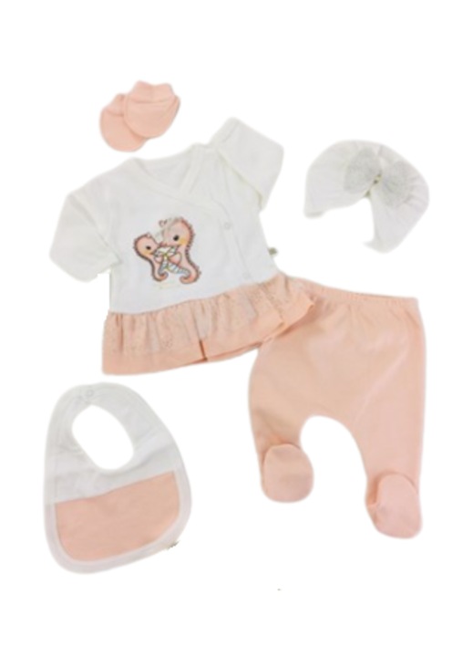 Compleu copii, 5 piese, Bubu-Still®, Model ursulet, Roz Cristal, 1-3 luni, 52-56 cm