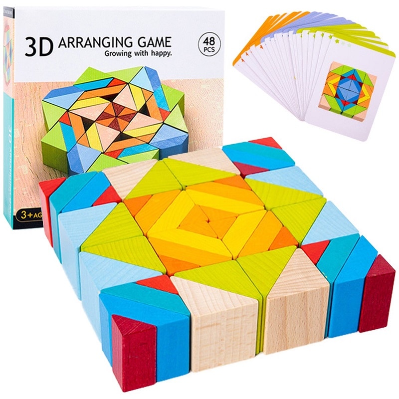 Комплект образователни игри, 48 геометрични 3D дървени фигури и 10 ...