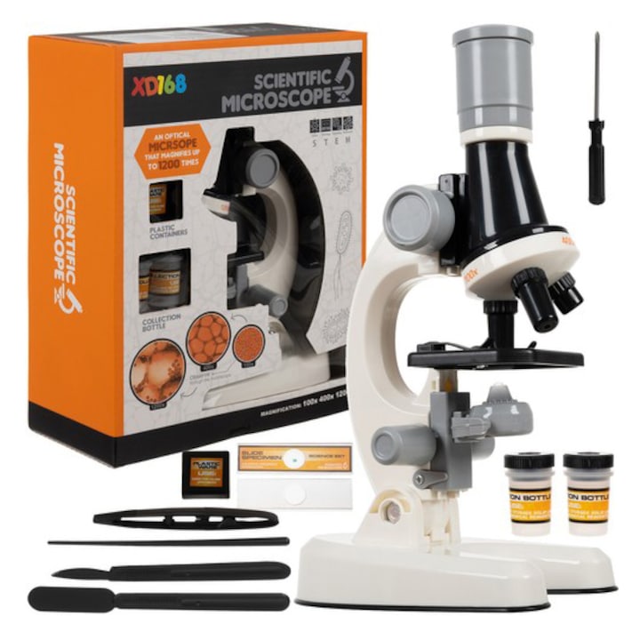 Microscop Educativ Pentru Copii Zenuk® - Zoom Pana La 1200x, Rotativ, 3 Lentile, Accesorii Incluse, Reglabil, 22 cm, Bej/Gri