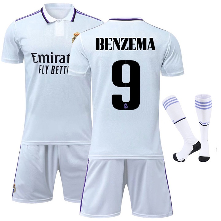 Детски спортен екип Real Madrid Benzema Tricou Fotbal Set, Полиестер, Бял