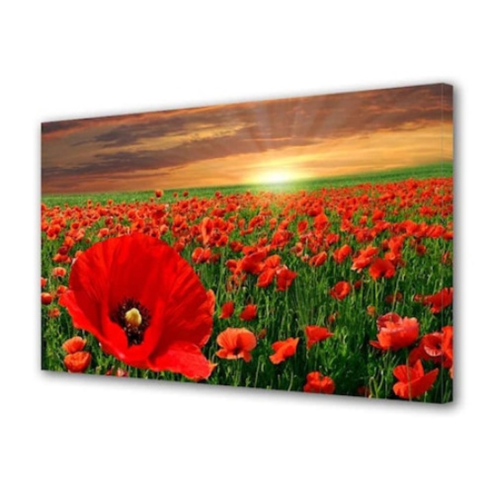 Tablou decorativ, de perete, cu rama din lemn, flori rosi, 24 x 33 cm