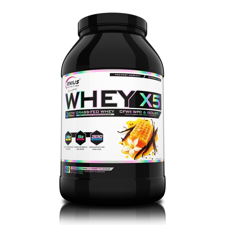 Proteina din zer Whey X5 cu aroma Vanilla-Honey, Pudra proteica Genius Nutrition pentru crestere masa musculara, 2000 g