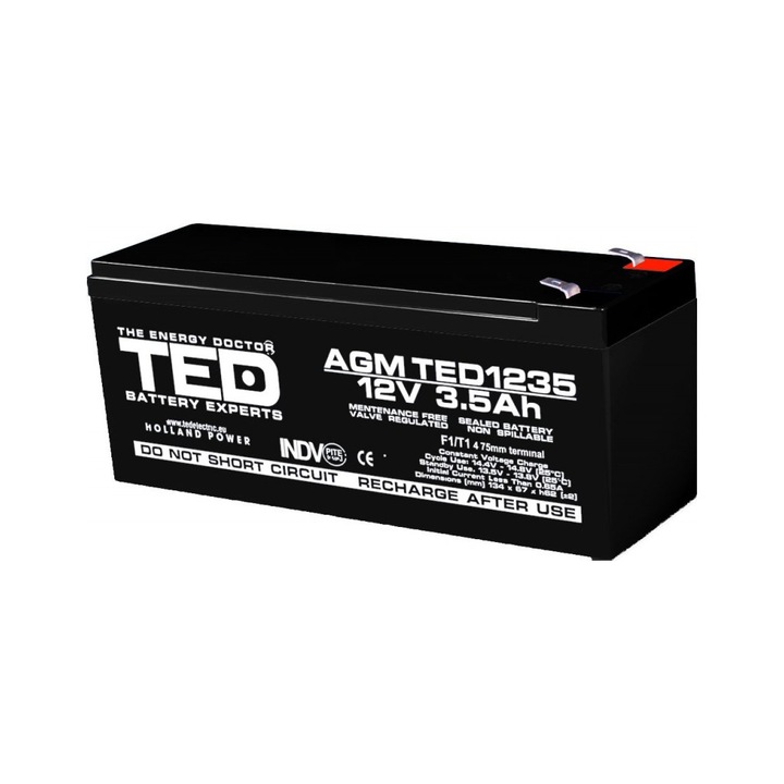 Акумулатор AGM VRLA 12V 3.5A размери 134mm x 67mm xh 60mm F1 TED Battery Expert Holland TED003133, 10