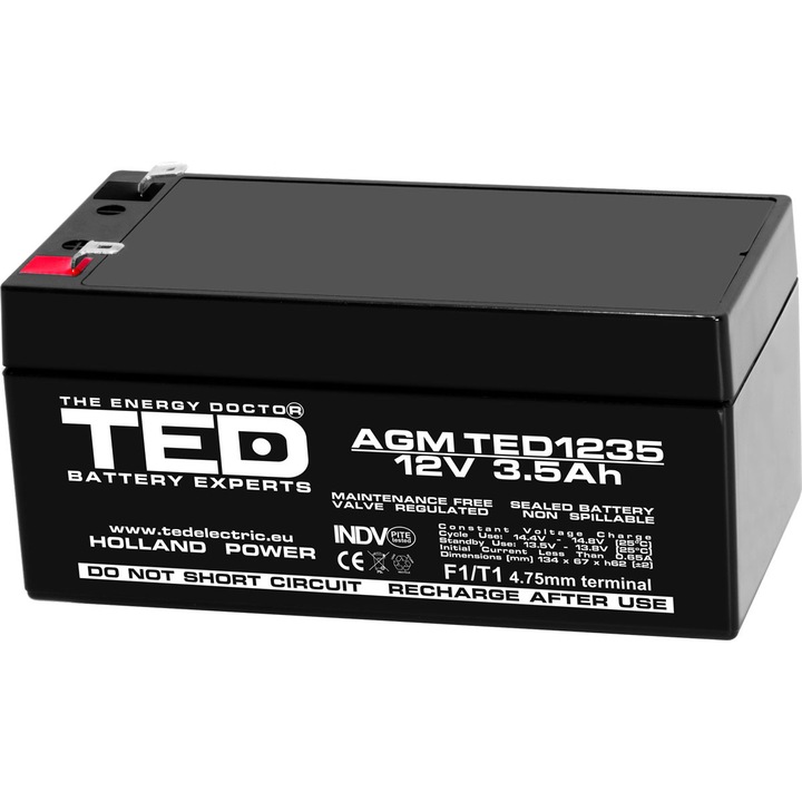 Acumulator Stationar AGM VRLA Etans 12V 3.5A F1 T1, Dimensiuni 134mm x 67mm x h62mm, TED Electric