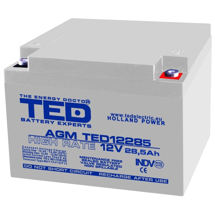 Acumulator AGM VRLA 12V 28,5A High Rate 165mm x 175mm x h 126mm mm M5 TED Battery Expert Holland TED003447, 1