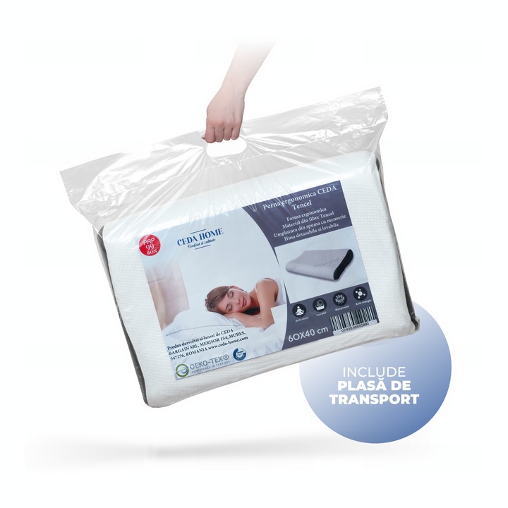 Set 2 perne ergonomice, cu spuma cu memorie Tencel Contour by CEDA HOME, 60X40X12, alb/gri