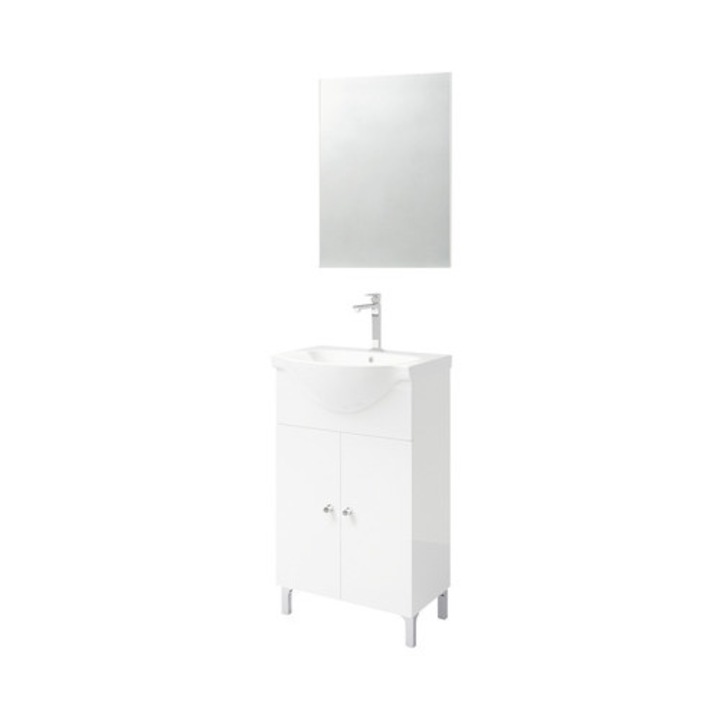 Set Mobilier Baie, Savini Due Best 50, Include Baza Lavoar, Lavoar Ceramic si Oglinda, Alb Lucios