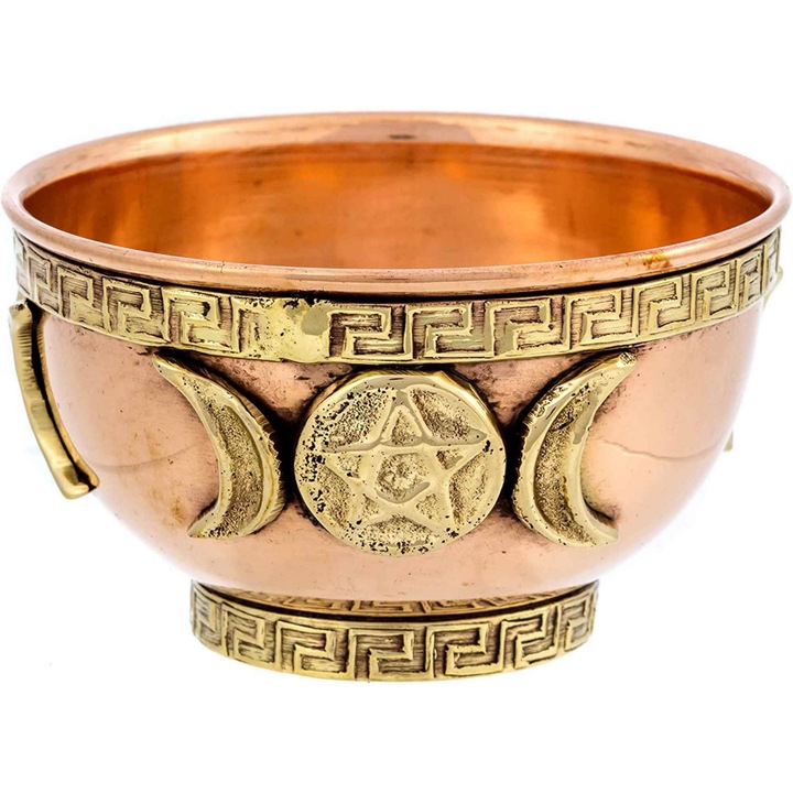 Bol din cupru cu simbol de luna tripla si pentagrama – excelent pentru decorarea altarului, ritualuri, arzator de tamaie, preparator de potiuni
