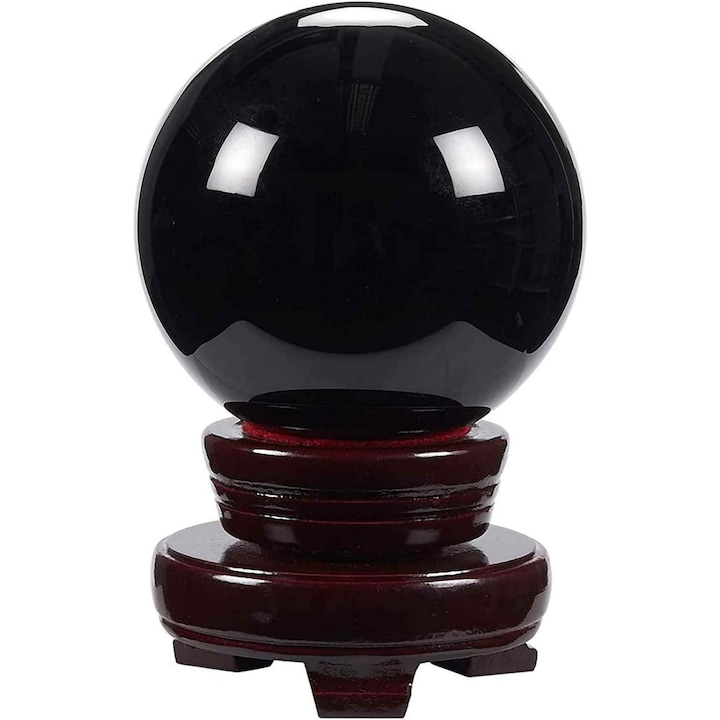 Sfera obsidian negru 80 mm, minge de cristal decorativa, cu suport de lemn - Pentru decor, meditatie, vindecare