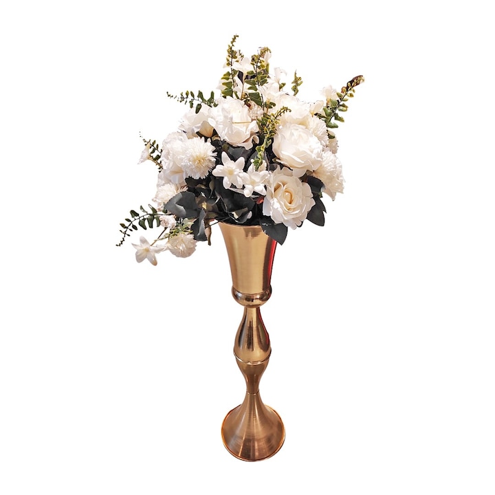 Aranjament floral cu trandafiri albi, Ø 40cm si suport metalic auriu, inaltime 105 cm