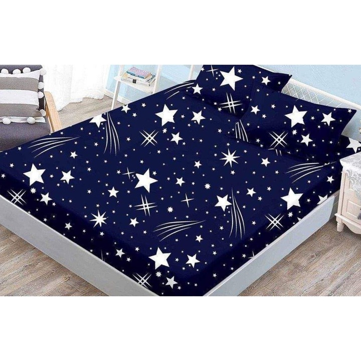 Set Husa Cocolino cu Elastic Premium, pentru Pat Dublu, 3 Piese, 2 Fete de Perna, Albastru cu Stele