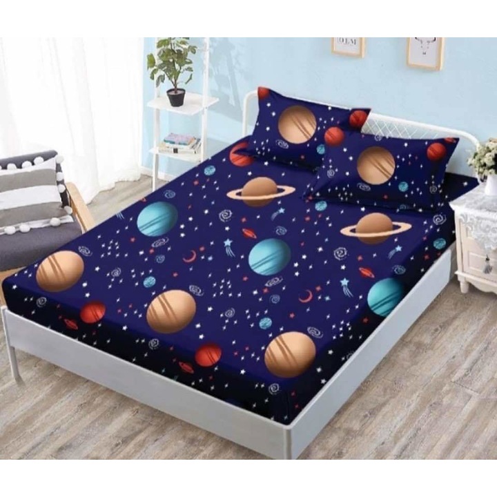 Set Husa Cocolino cu Elastic Premium, pentru Pat Dublu, 3 Piese, 2 Fete de Perna, Albastru cu Planete