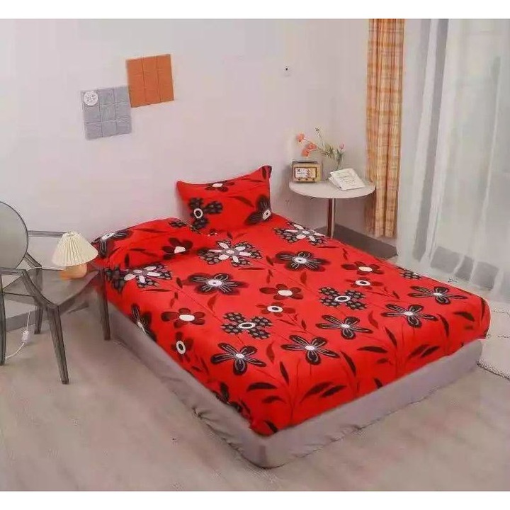 Set Husa Cocolino cu Elastic Premium, pentru Pat Dublu, 3 Piese, 2 Fete de Perna, Rosu cu Flori