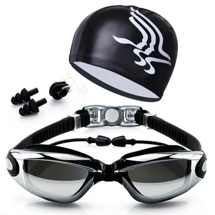 Комплект очила за плуване и UV защита, Каска, Тапи за уши, Клещи за нос, Черен