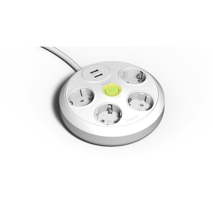 Prelungitor 4 prize schuko 230V 16A cablu 3X1,5mmp 3m cu intrerupator luminos si 2USB protectie la supratensiune R Famatel