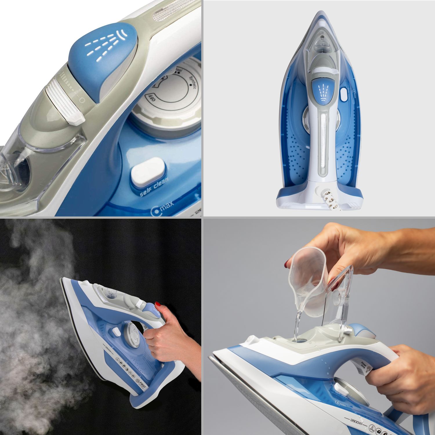 TZS First Austria Fier de călcat cu aburi, intensitate reglabilă a aburului și impuls de abur vertical, rezervor de apă de 450 ml, alb/gri/albastru, 2600 W