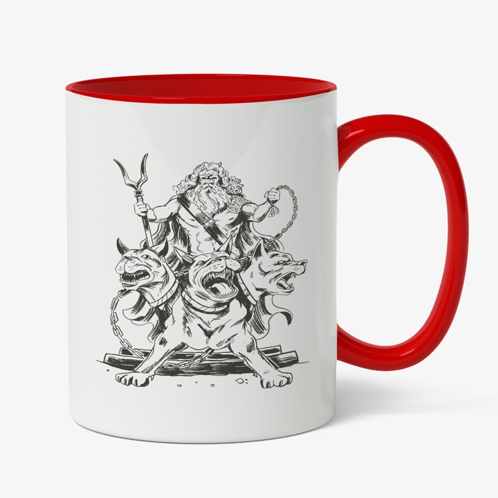 Cana Cu Zeitate Greceasca Hades, Om Cu Barba Lunga Si Ancient In Mana, Trei Fiinte Salbatice In Lanturi, Cadou Pentru Iubitorii De Zeitatii, Multicolor, 330 ml, Maner Rosu