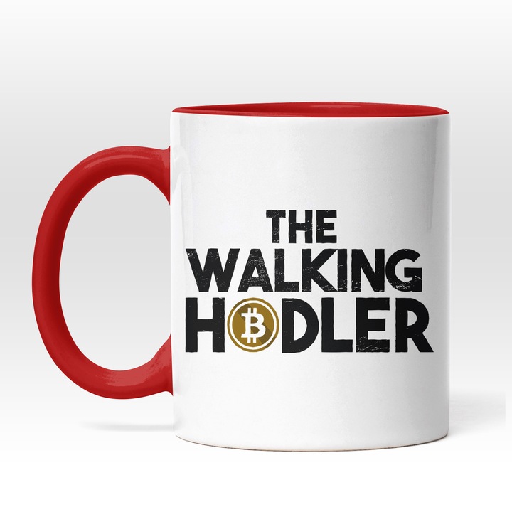 Személyre szabott bögre kriptovalutákba befektetőknek, Bitcoin, angol üzenet The Walking Holder, 330 ml, piros fogantyúval, fekete