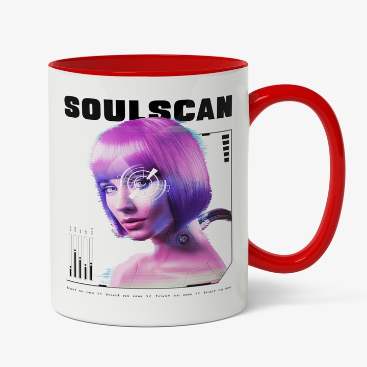 Cana Cu Portret Fata Mov Robot, Text In Engleza Soul Scan, Inteligenta Artficiala, Cadou Pentru Iubitorii De Programare, Multicolor, 330 ml, Maner Rosu