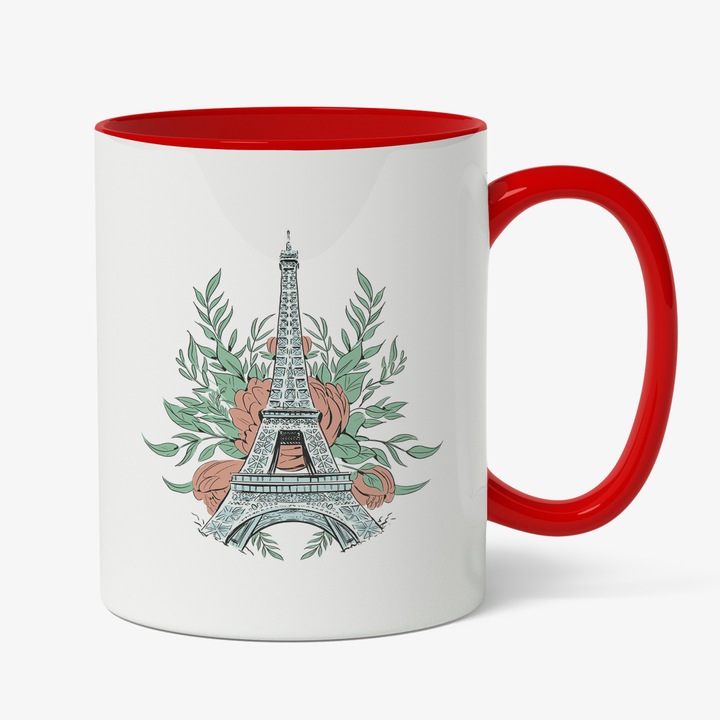 Cana Personalizata Paris, Turnul Eiffel, Flori, Primavara, 330 ml, Cu Manerul Rosu, Multicolor