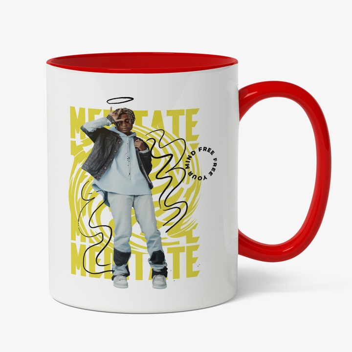 Cana Cu Baiat Inger Facand Semne Cu mana, Fashion Trend, Cadou Pentru Baieti, Multicolor, 330 ml, Maner Rosu