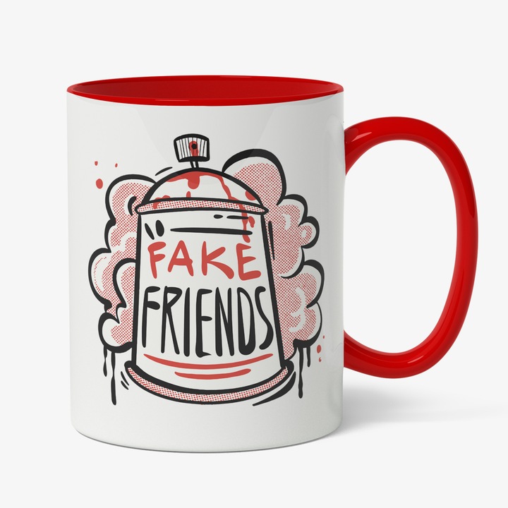 Cana Cu Spray Graffity, Text In Engleza Fake Friends, Vopsea Rosie, Cadou Pentru Iubitorii De Graffity, Multicolor, 330 ml, Maner Rosu