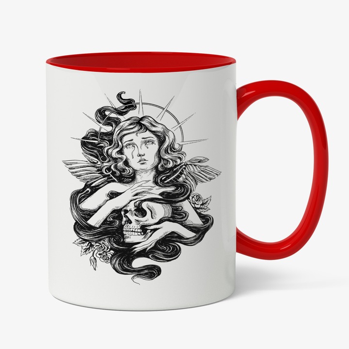 Cana Cu Portret Feminin, Femeie Craniu Cap Mort In Mana, Lacrimi Pe Fata, Aripi DE Inger, Cadou Pentru Iubitorii De Filme Horror, Negru, 330 ml, Maner Rosu