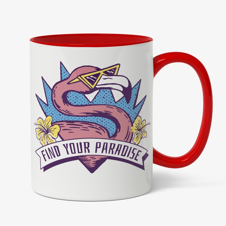Cana Personalizata Flamingo, Vara, Soare, Ochelari, Mare, Find your Paradise, 330 ml, Cu Manerul Rosu, Multicolor