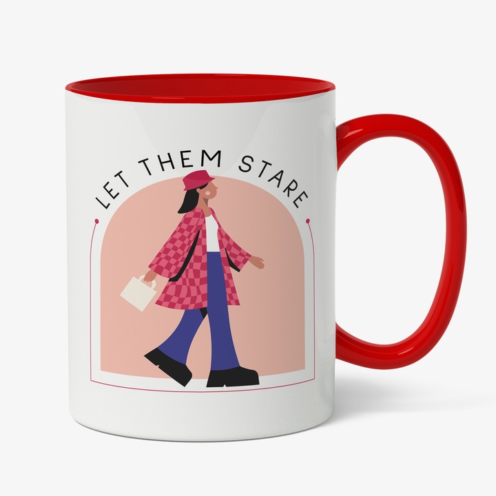 Cana Cu Mesaj Motivational Let Them Stare, Silueta Feminina In Mers, Self Love, Cadou Pentru Fete, Multicolor, 330 ml, Maner Rosu