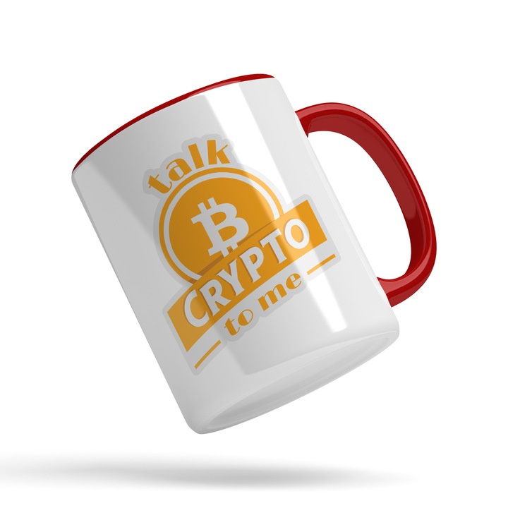 Személyre szabott bögre beszélgetés Bitcoin Crypto nekem, befektetők, blokklánc, befektetések, 330 ml, piros fogantyúval, többszínű