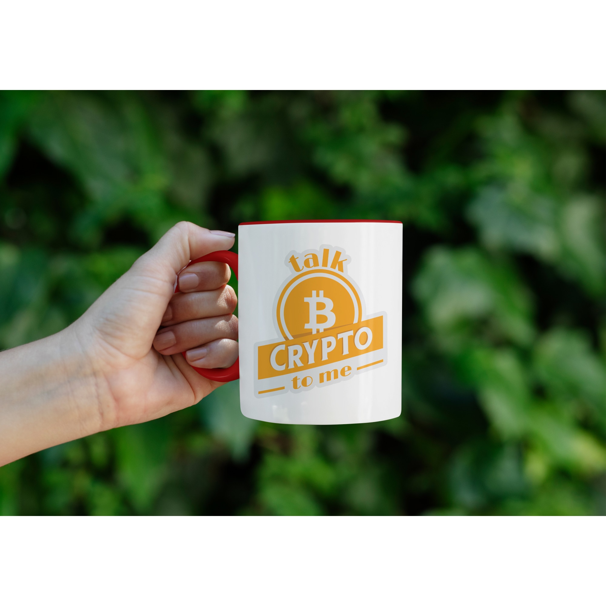 Cana Personalizata Talk Bitcoin Crypto to Me, Investitori, blockchain,  Investitii, 330 ml, Cu Manerul Rosu, Multicolor