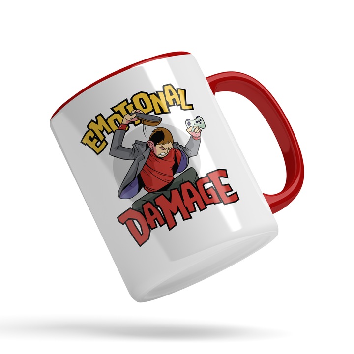 Cana Personalizata Jucator, Console, Emotional Damage, Furios, Angry, Copil, Gamer, Frustrat, 330 ml, Cu Manerul Rosu, Multicolor