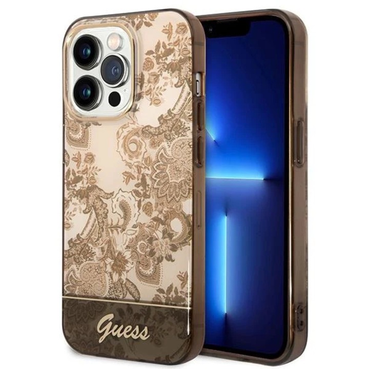 Кейс Guess GUHCP14XHGPLHC за iPhone 14 Pro Max 6.7", охра, твърд, Porcelain Collection