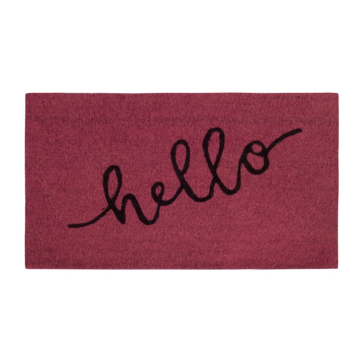 Covoras intrare, Co.Ingros.Tex, Model hello, Antiderapant, PVC/fibra de cocos, 40 x 60 cm, Roz/negru