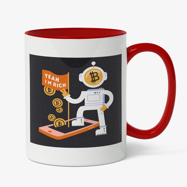 Cana Personalizata Cryptomonede, Sunt Bogat, Bitcoin, Yeah I'm Rich, 330 ml, Cu Manerul Rosu, Multicolor
