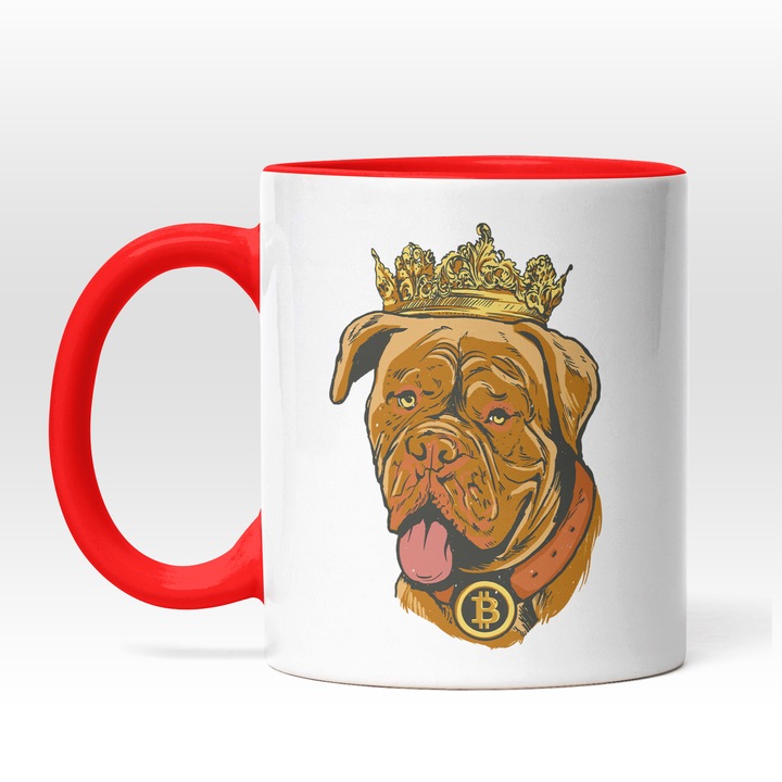 Kutya személyre szabott bögre, Bitcoin, King, 330 ml, Piros fogantyúval, Többszínű