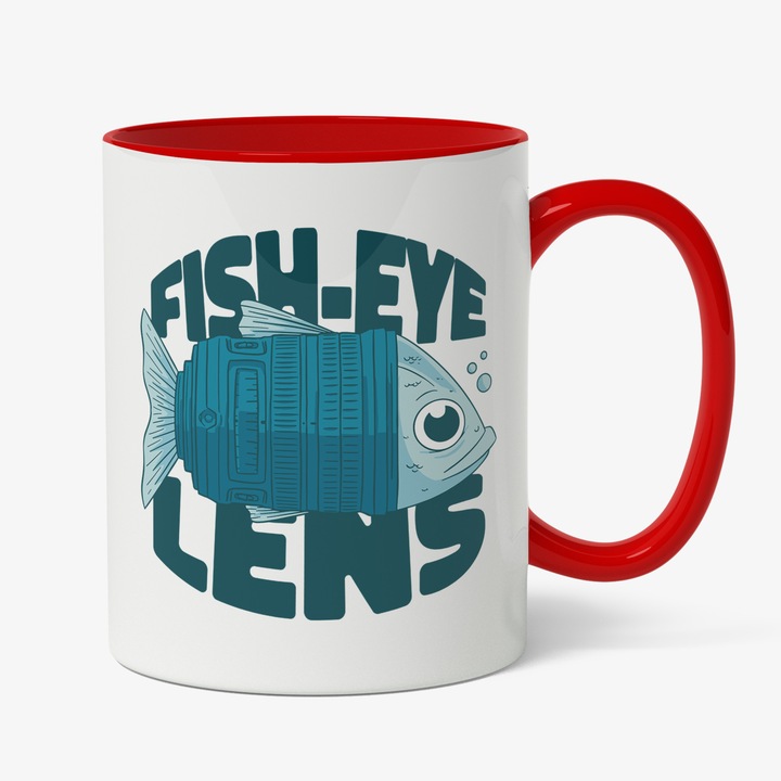 Cana Cu Lentila Camera Foto Stil Peste, Mesaj Haios In Engleza Fish-eye Lens, Cadou Pentru Iubitorii De Fotografie, Albastru, 330 ml, Maner Rosu