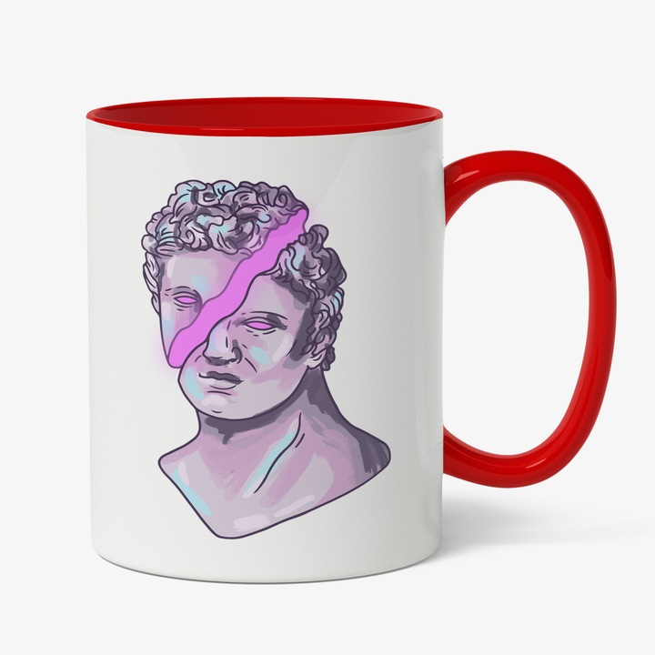 Cana Cu Portret Sculptura Taiata, Lumina Fosforescenta Mov, Stil Grecesc, Cadou Pentru Iubitorii De Arta, Multicolor, 330 ml, Maner Rosu