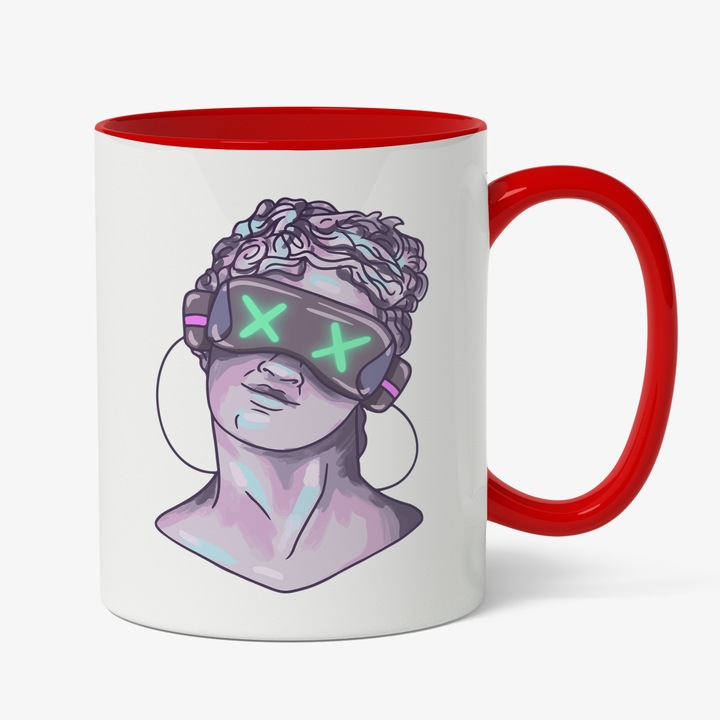 Cana Cu Portret Sculptura Cu Ochelari VR, Lumina Fosforescenta Mov, Stil Grecesc, Cadou Pentru Iubitorii De Arta, Multicolor, 330 ml, Maner Rosu