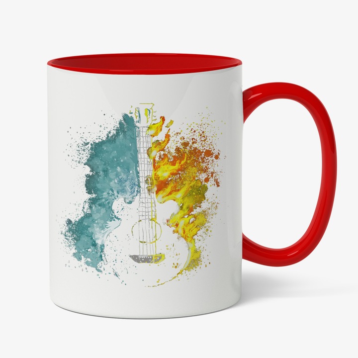 Cana Cu Chitara Electrica, Foc Si Apa, Muzica Rock, Instrument Muzical, Cadou Pentru Iubitorii De Muzica, Multicolor, 330 ml, Maner Rosu