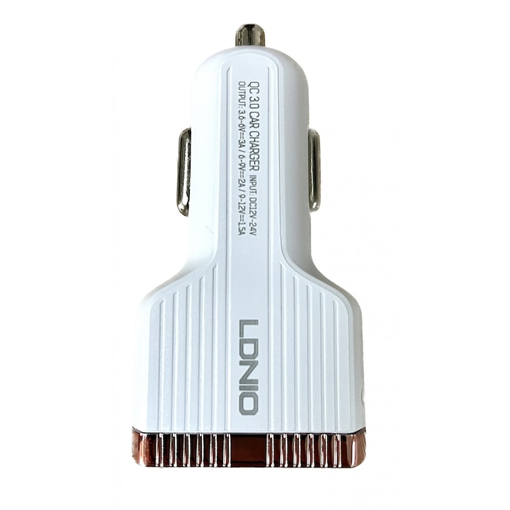 LDNIO Autós USB szivargyújtó töltő, 3xUSB csatlakozóval, Quick Charge 3.0, 5V/7A, fehér