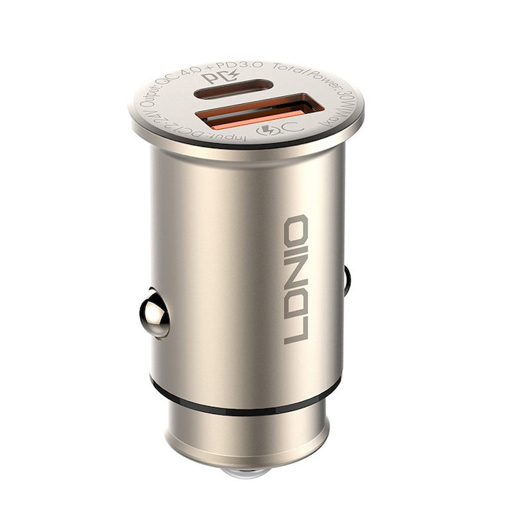 LDNIO® Autós USB szivargyújtó töltő, 1xUSB-C, 1xUSB csatlakozóval, Quick Charge 4.0, 5V/3A/30W, ezüst