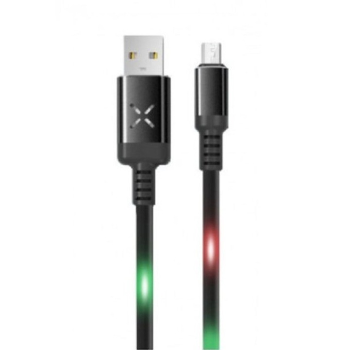 Adat-és töltőkábel DC09, MicroUSB/USB csatlakozó, hangra bekapcsoló villogó fénnyel, 2A gyors töltés,1 méter, fekete